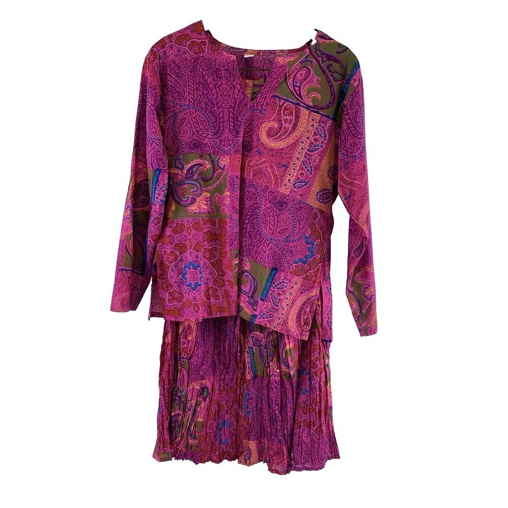 Sudha Outfit Maxi Skirt Long Sleeve Top Pink Purple Cotton Crinkle‎ Womens Small